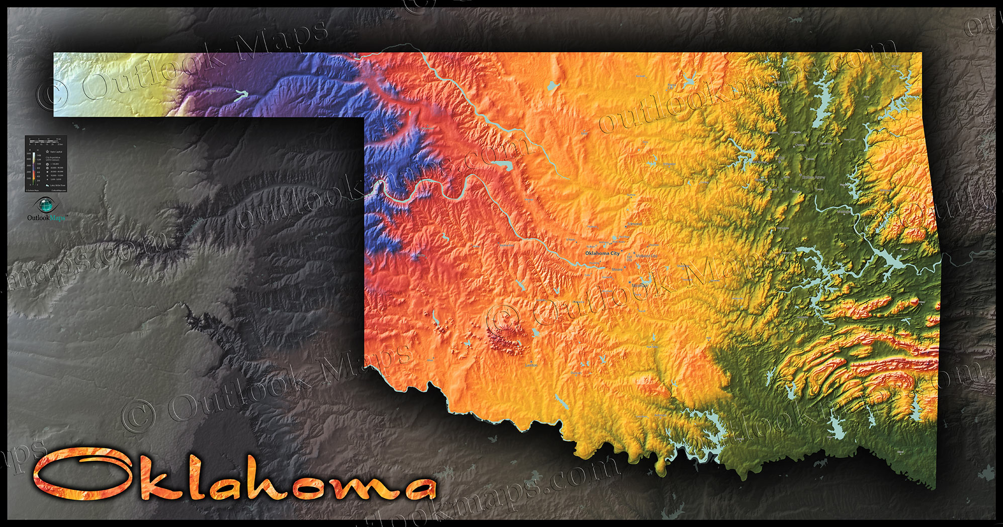 Oklahoma Physical Features Map  Colorful Topography & Terrain