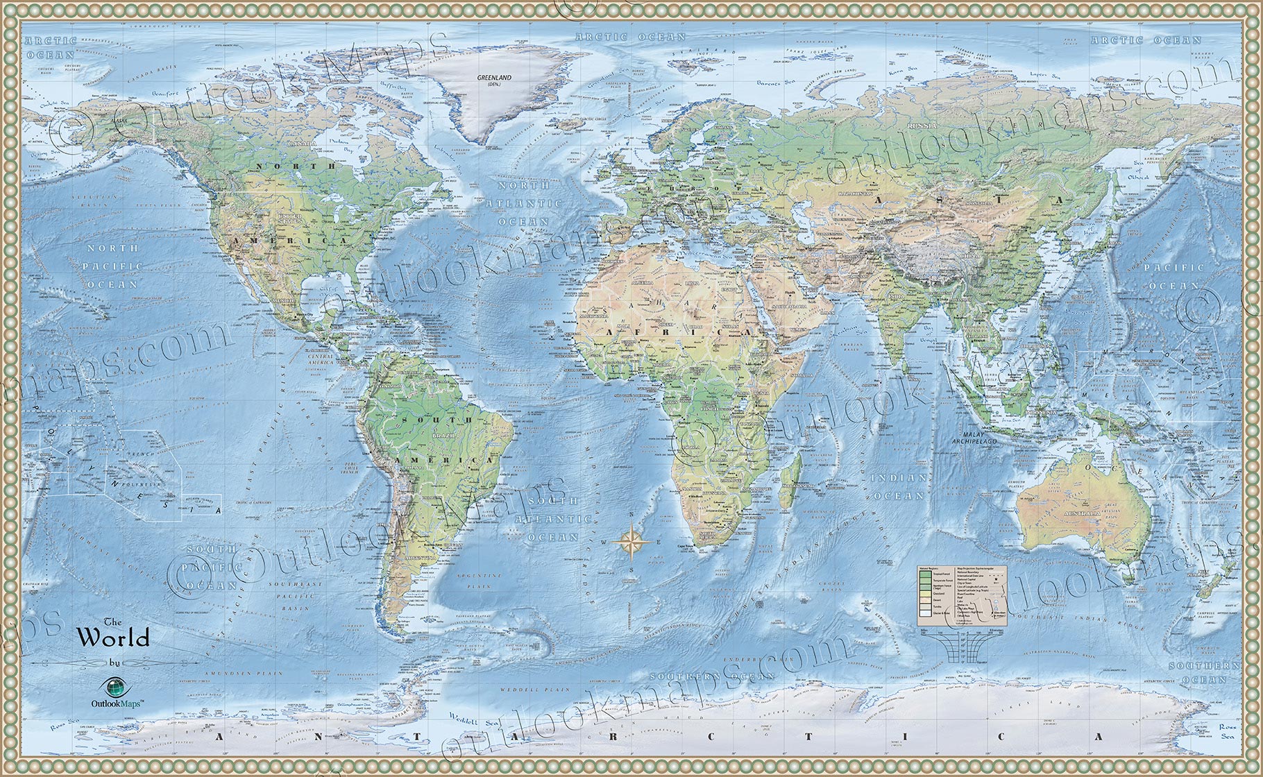 physical map of world with continents